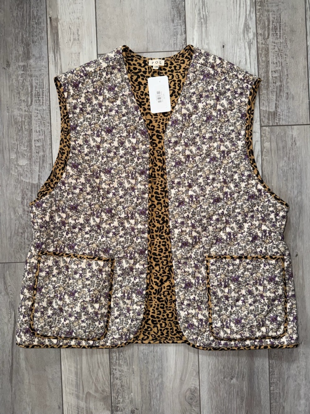 NWT-POL Floral Courdory Quilted Cheetah Oversized Vest Size small / medium - Picture 3 of 9